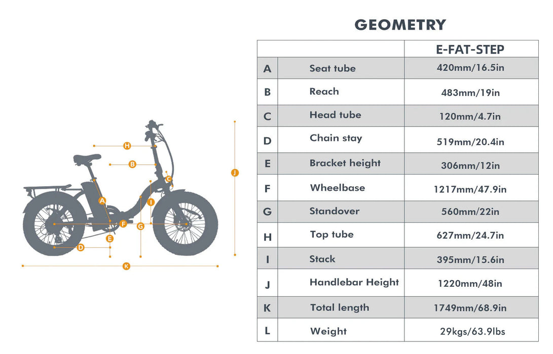 Diagram of an electric bike with labeled measurements on a white background