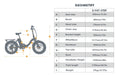 Diagram of an electric bike with labeled measurements on a white background